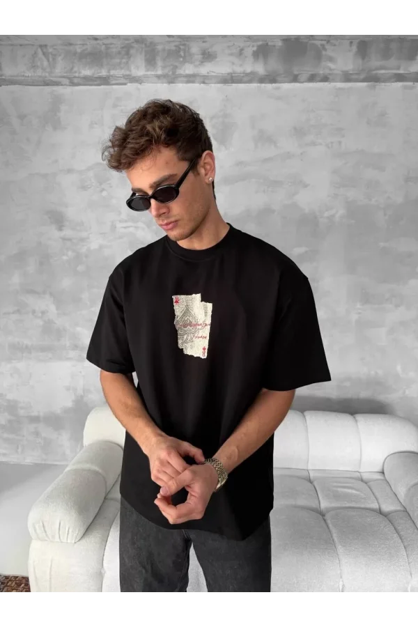 Ön ve Arka Baskılı Oversize Bisiklet Yaka T-shirt - Siyah