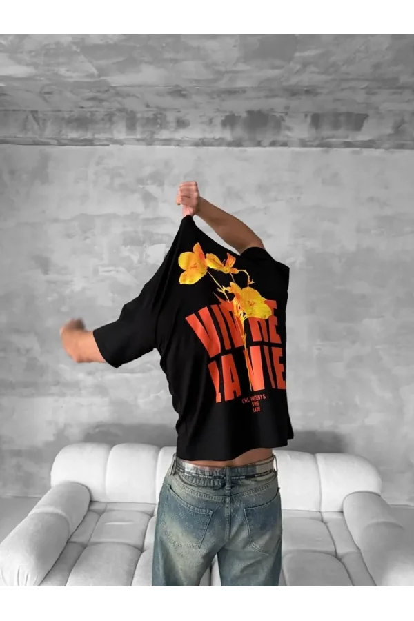 Ön ve Arka Baskılı Oversize Bisiklet Yaka T-shirt- Siyah