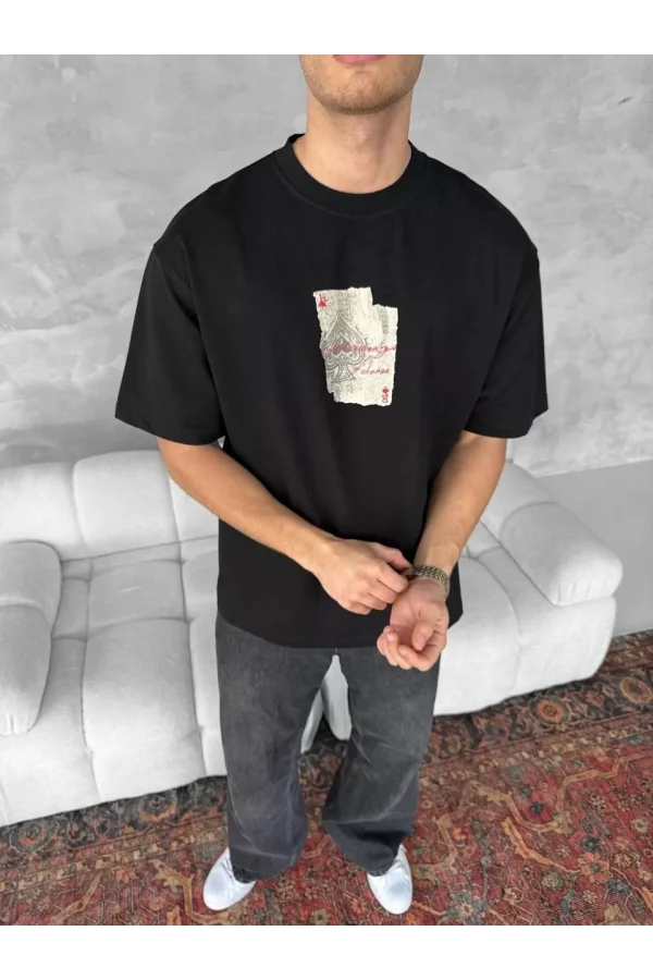 Ön ve Arka Baskılı Oversize Bisiklet Yaka T-shirt - Siyah