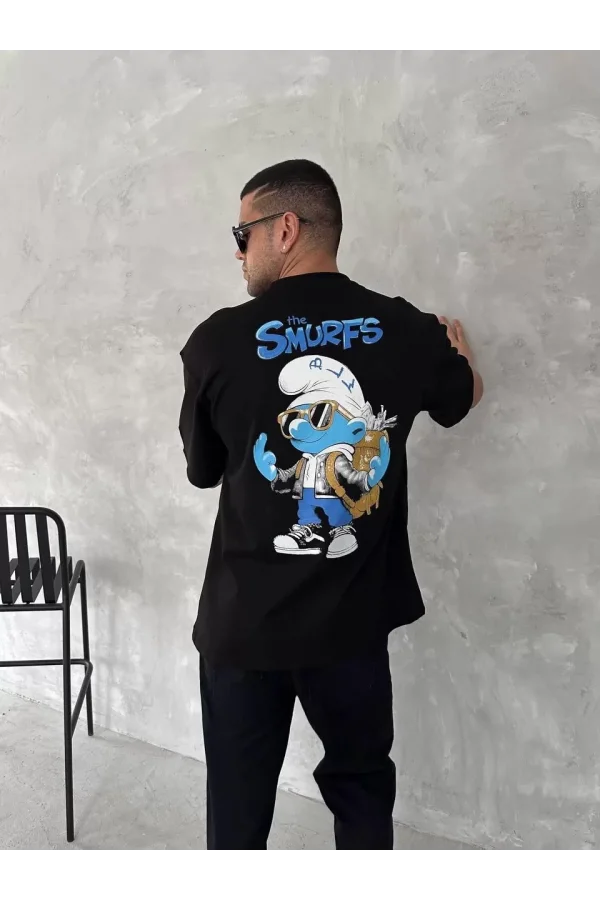 Ön ve Arka Baskılı Oversize Bisiklet Yaka T-shirt- Siyah