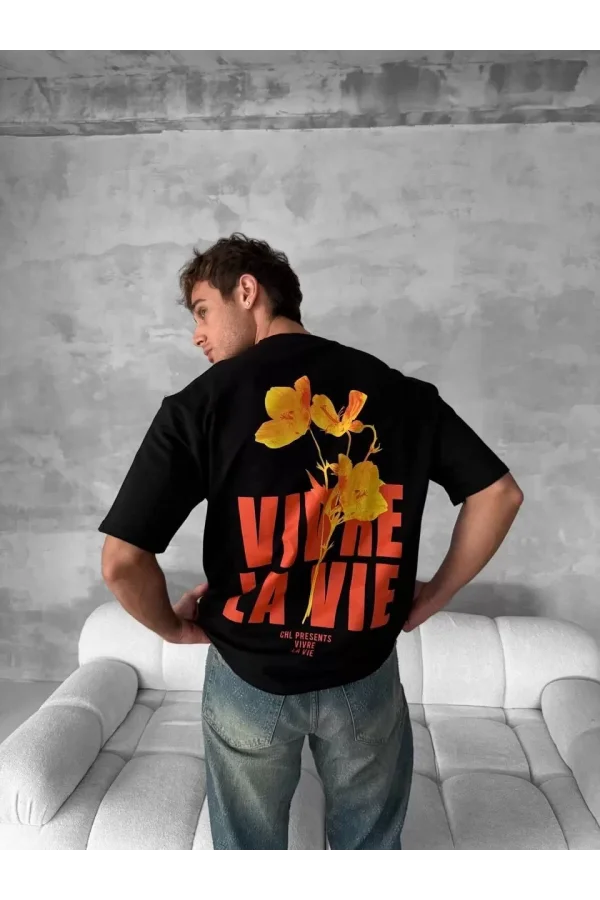 Ön ve Arka Baskılı Oversize Bisiklet Yaka T-shirt- Siyah