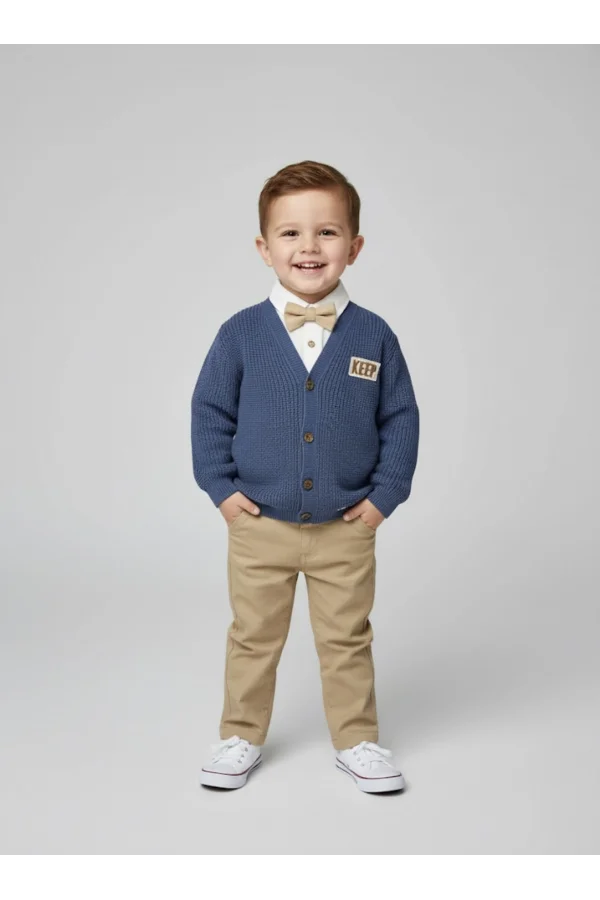 Örgü Hırkalı Şık Çocuk Takımı Mavi