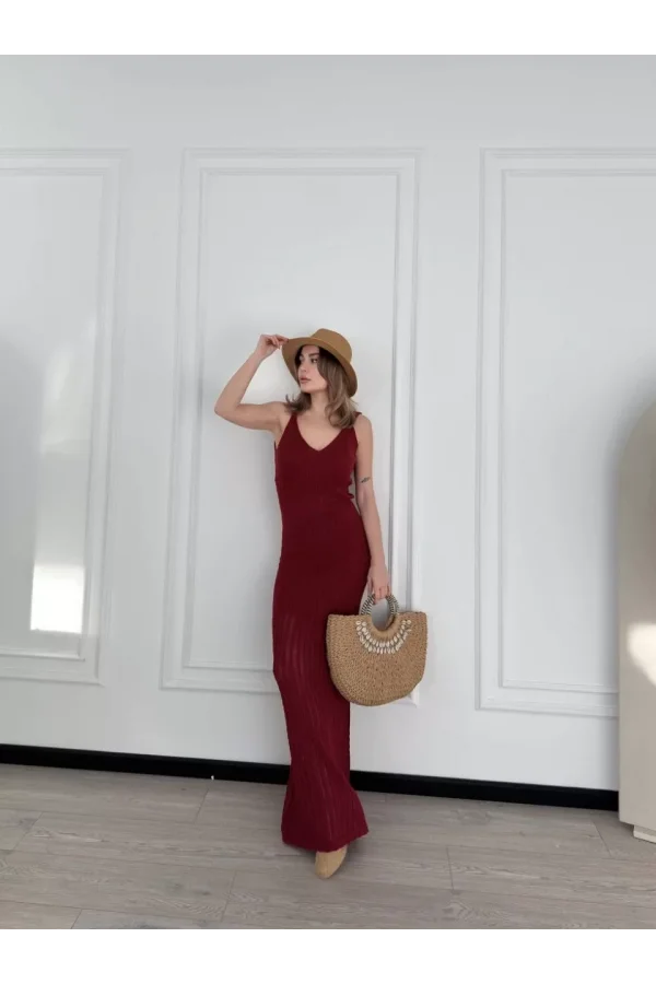 Örgülü Uzun Triko Elbise - Bordo