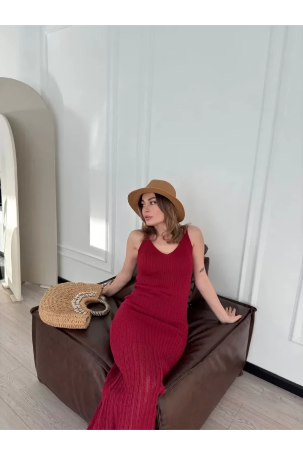 Örgülü Uzun Triko Elbise - Bordo