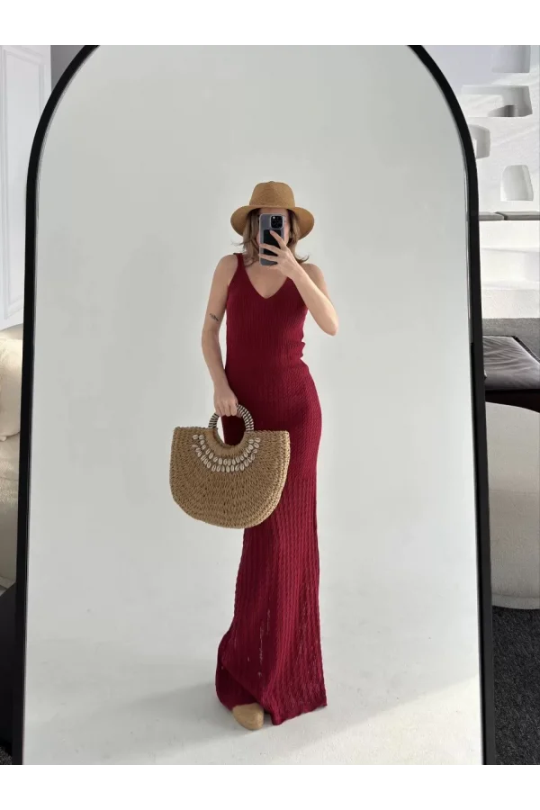 Örgülü Uzun Triko Elbise - Bordo