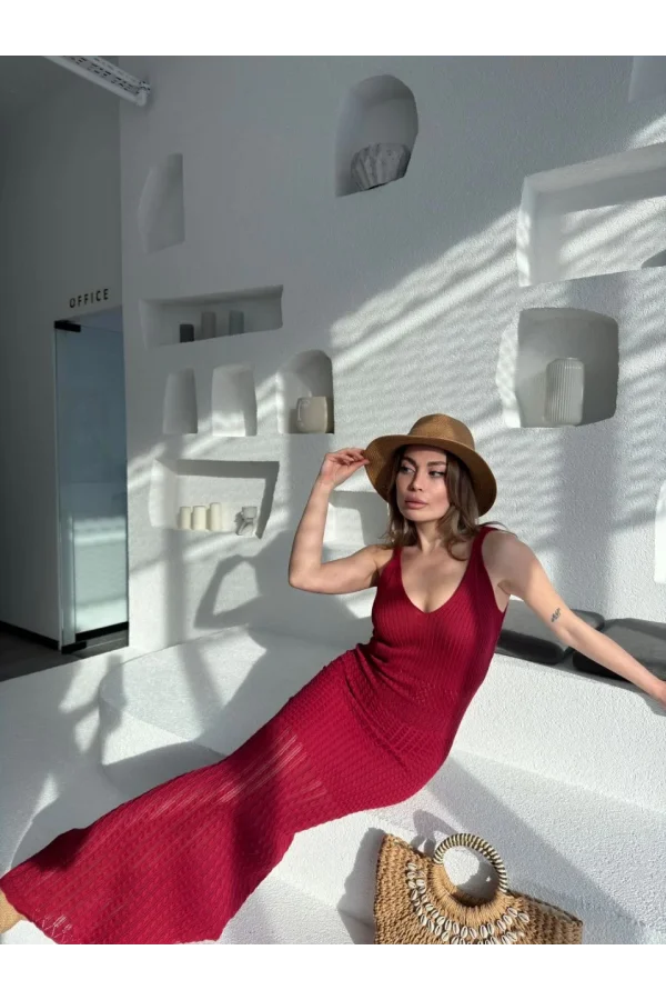 Örgülü Uzun Triko Elbise - Bordo