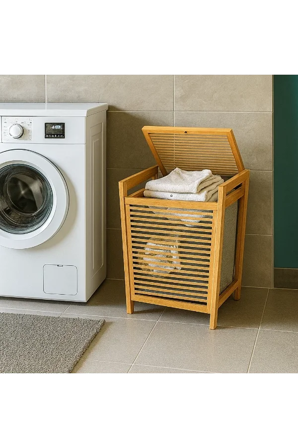 Orta Boy Ahşap Bambu Kirli Sepeti 40x35x60
