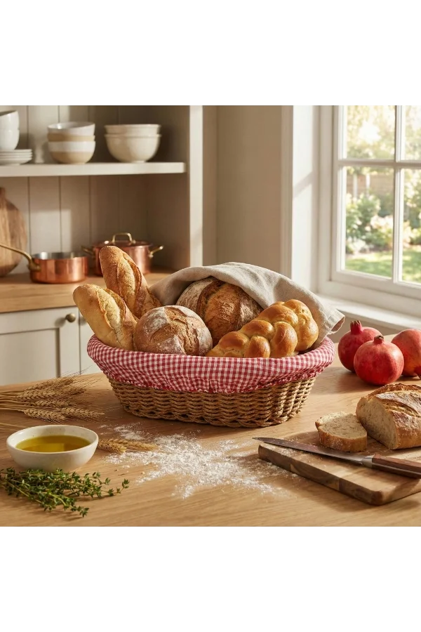Oval Renkli Bezli İp Hasır Ekmek Sepeti