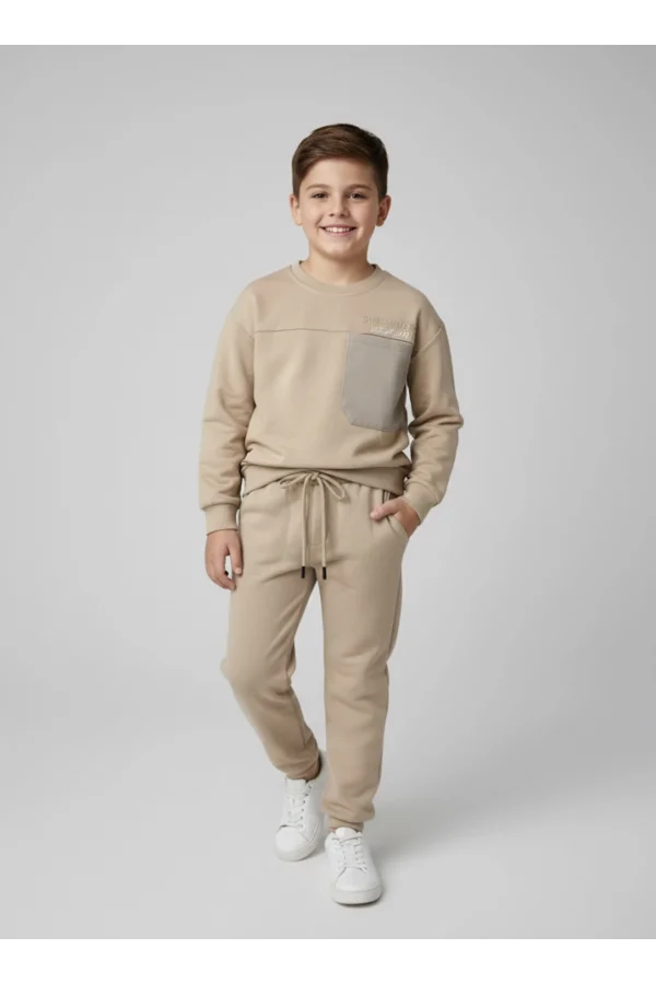 Oversize Cepli Çocuk Sweatshirt Takımı Krem