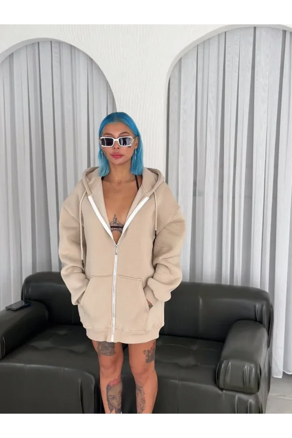 Oversize Tam Fermuarlı Uzun Kol Hırka - Bej