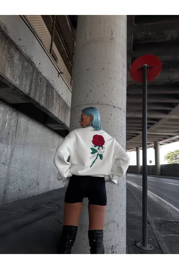 Oversize Üç İplik Bisiklet Yaka Baskılı SweatShirt - Beyaz
