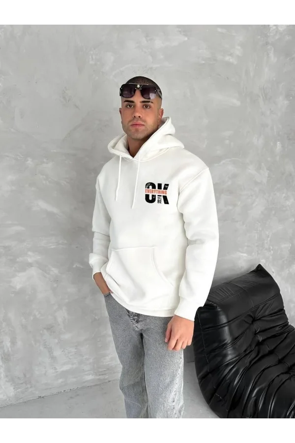 Oversize Üç İplik Kapüşonlu SweatShirt - Beyaz
