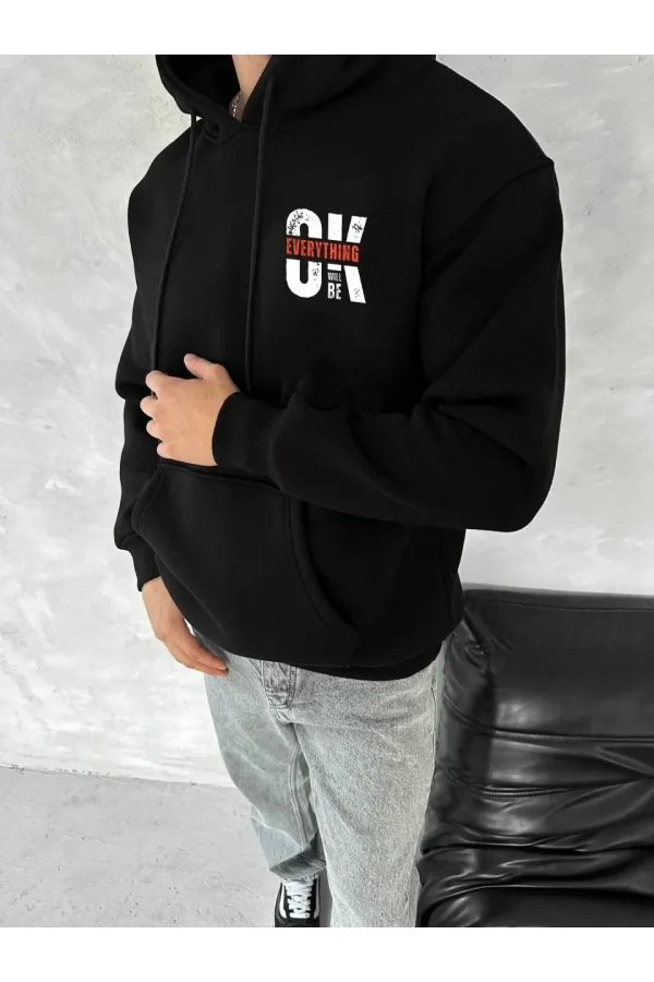 Oversize Üç İplik Kapüşonlu SweatShirt - Siyah
