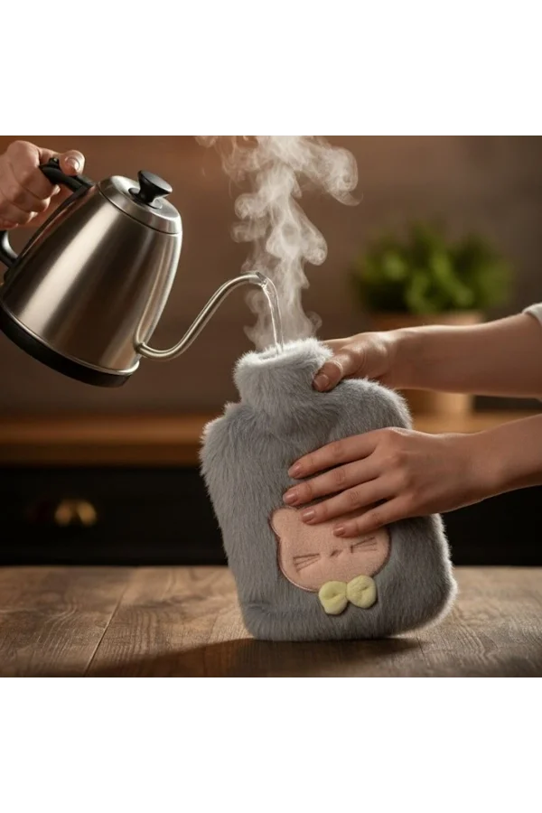 Papyonlu Kedi Figürlü Mavi Peluş Sıcak Su Torbası 1 Litre