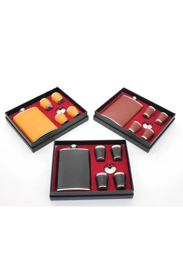 Paslanmaz Çelik 4 Shot Bardaklı Derili Matara Seti Model 1