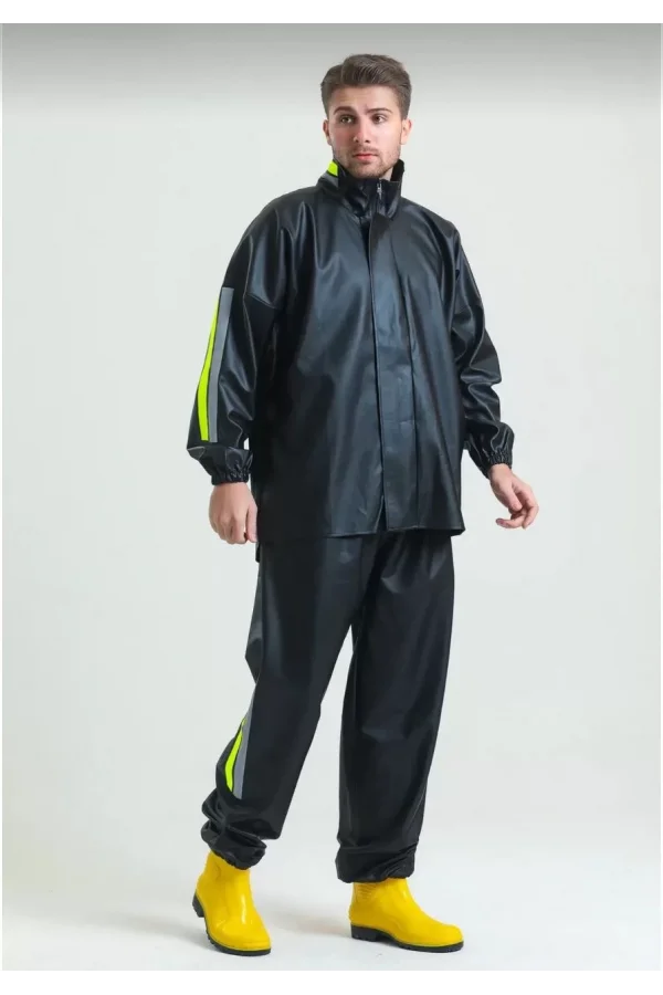 Premium Motorcu Kurye Yağmurluk Takım Su Geçirmez PVC Kumaş Reflektörlü TÜBİTAK Onaylı - Siyah
