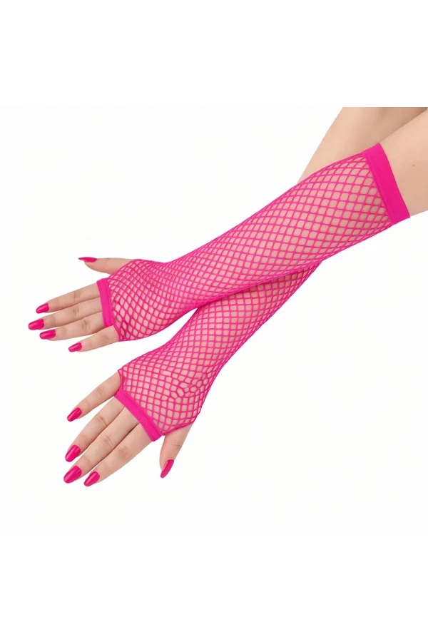 Retro Neon Fuşya File Parmaksız Eldiven 26 cm