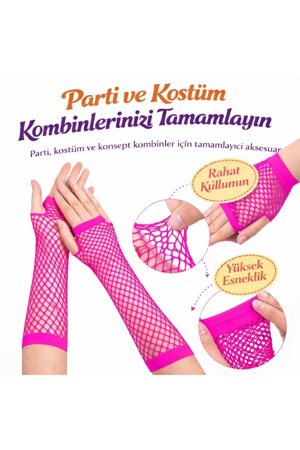 Retro Neon Fuşya File Parmaksız Eldiven 26 cm