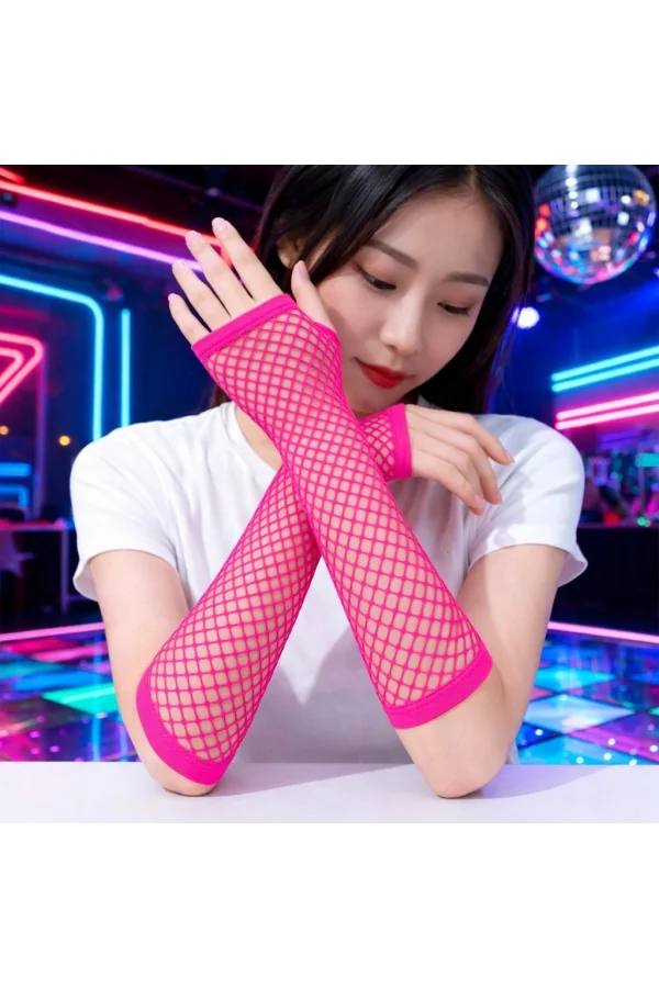 Retro Neon Fuşya File Parmaksız Eldiven 26 cm