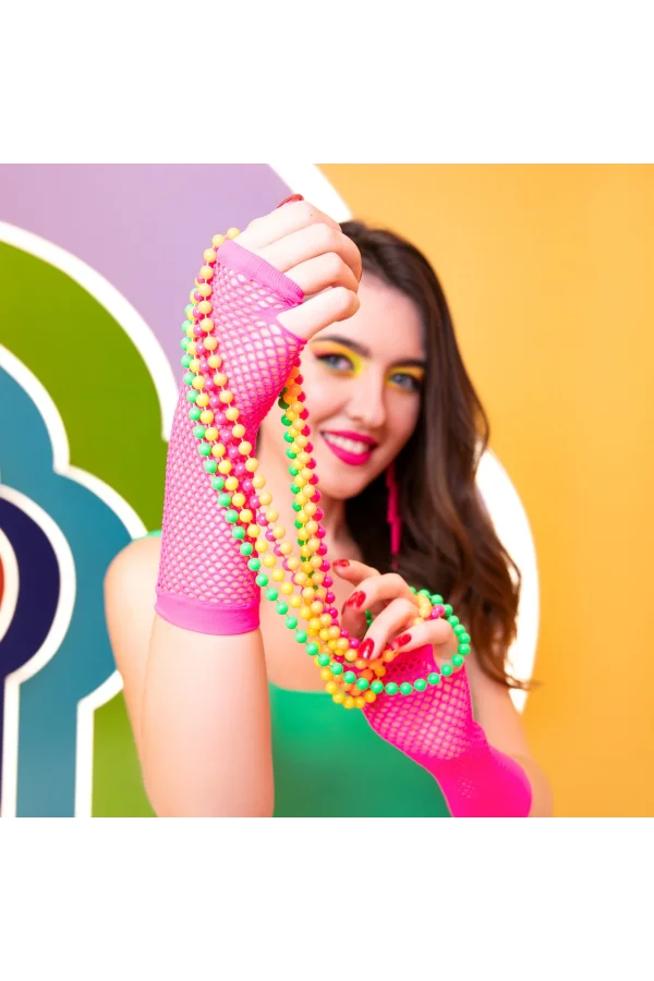 Retro Neon Fuşya File Parmaksız Eldiven 26 cm