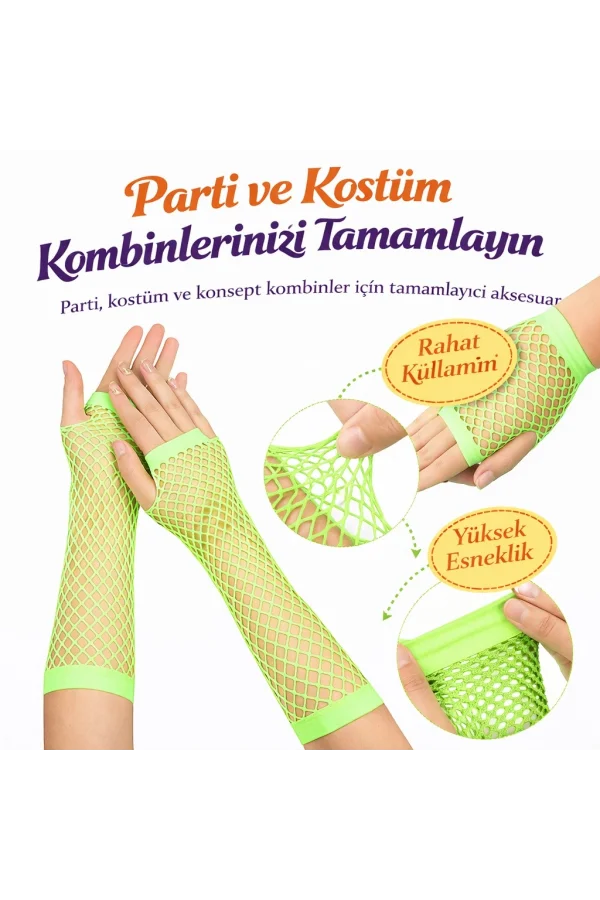 Retro Neon Yeşil File Parmaksız Eldiven 26 cm