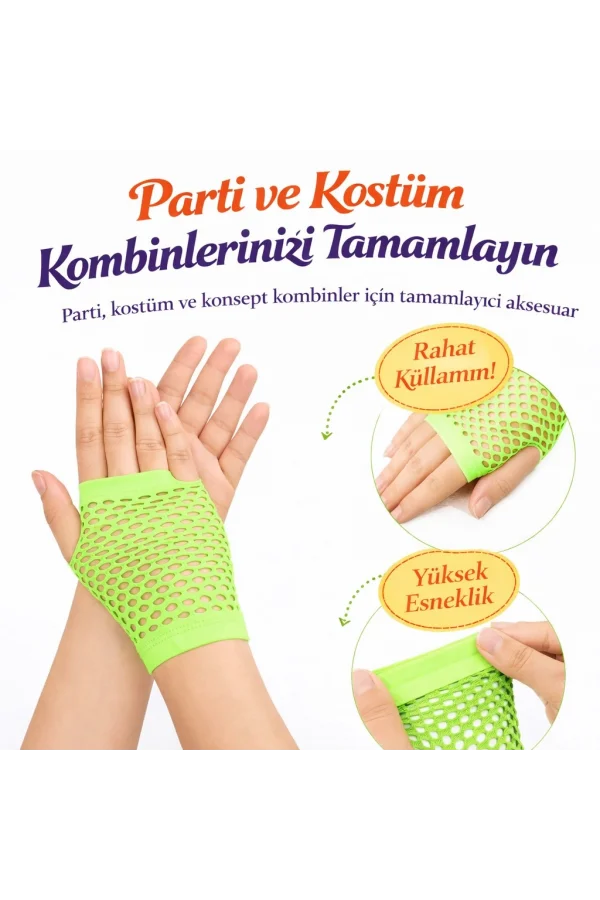 Retro Neon Yeşil File Parmaksız Kısa Eldiven 11 cm