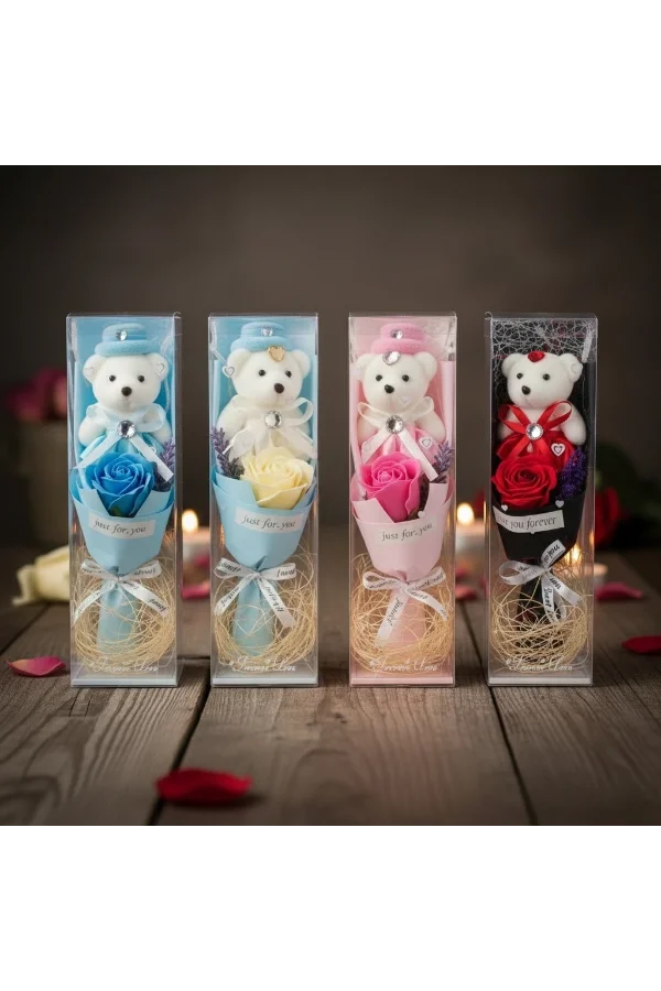 Şeffaf Kutulu Ayıcıklı Gül Buketi