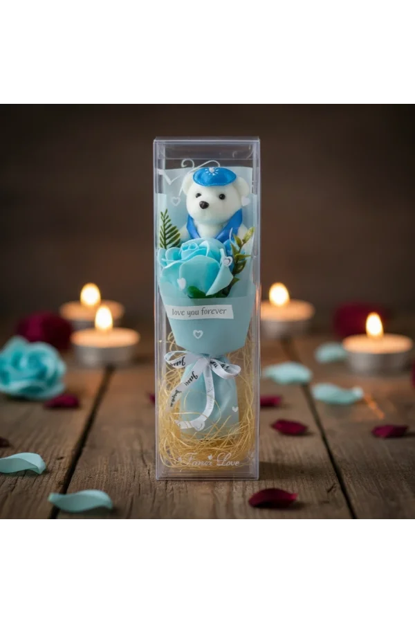 Şeffaf Kutulu Ayıcıklı Gül Buketi