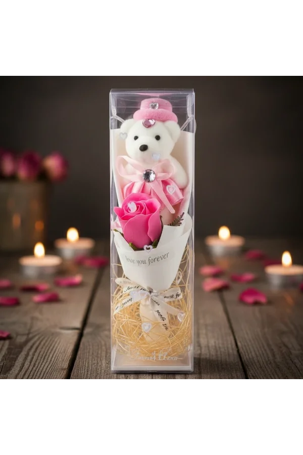 Şeffaf Kutulu Ayıcıklı Gül Buketi