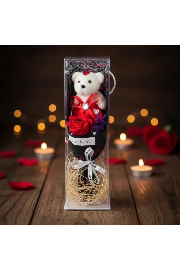 Şeffaf Kutulu Ayıcıklı Gül Buketi