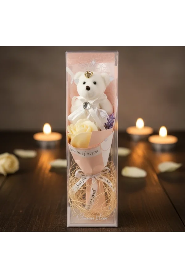 Şeffaf Kutulu Ayıcıklı Gül Buketi