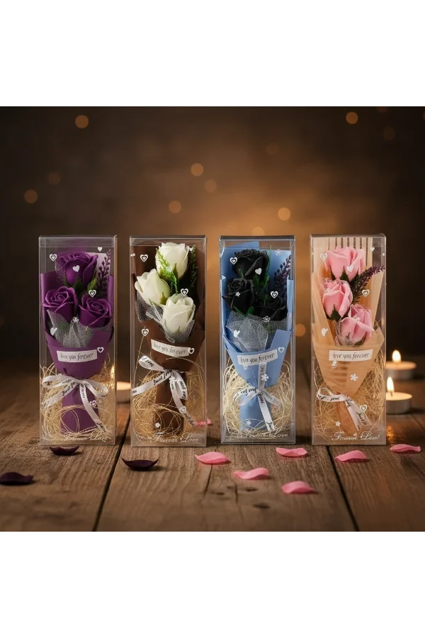 Şeffaf Kutulu Üç Gül Buketi