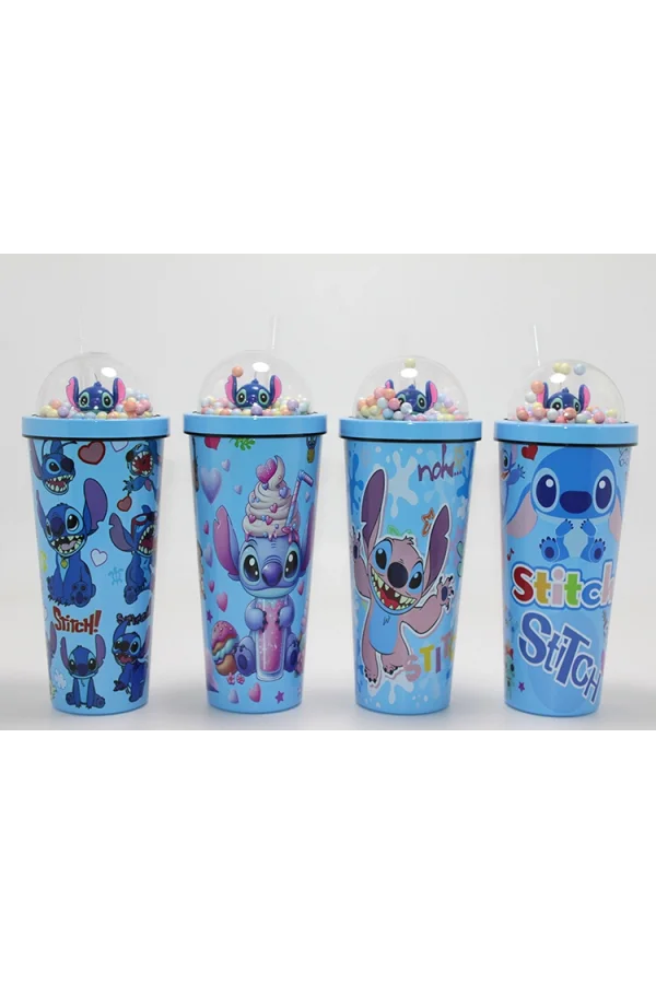 Sevimli Stitch Pipetli Boncuklu Termos Ve Suluk