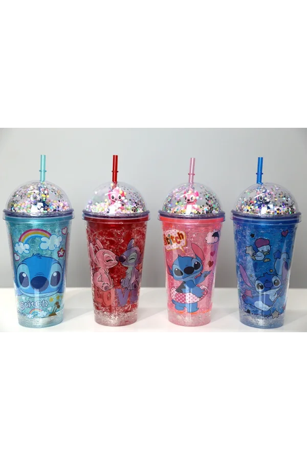 Sevimli Stitch Pipetli Işıklı Pullu Suluk Bardak 400 ml