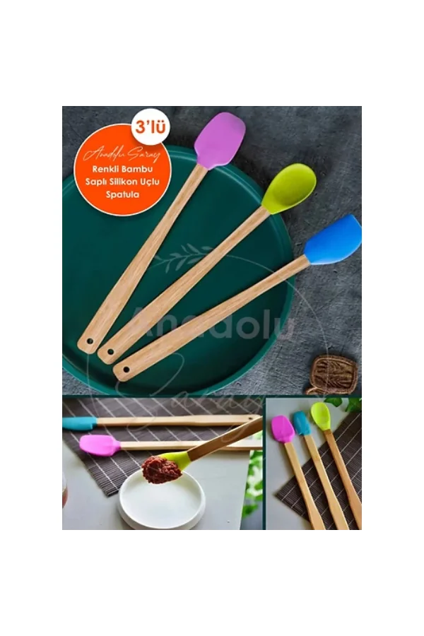 Silikon Uçlu Isıya Dayanıklı Bambu Spatula 3lü Set