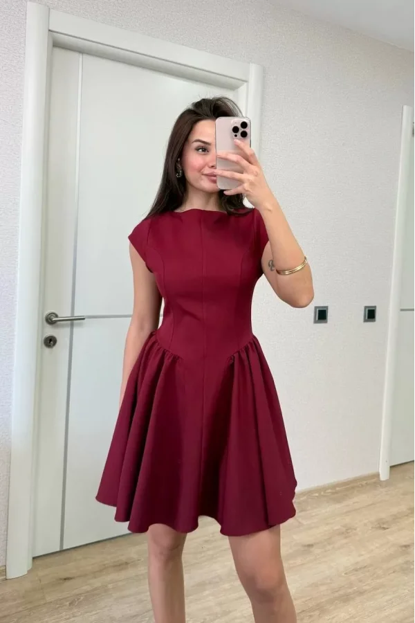 Sırt dekolteli Çan Detaylı Mini Elbise - Bordo