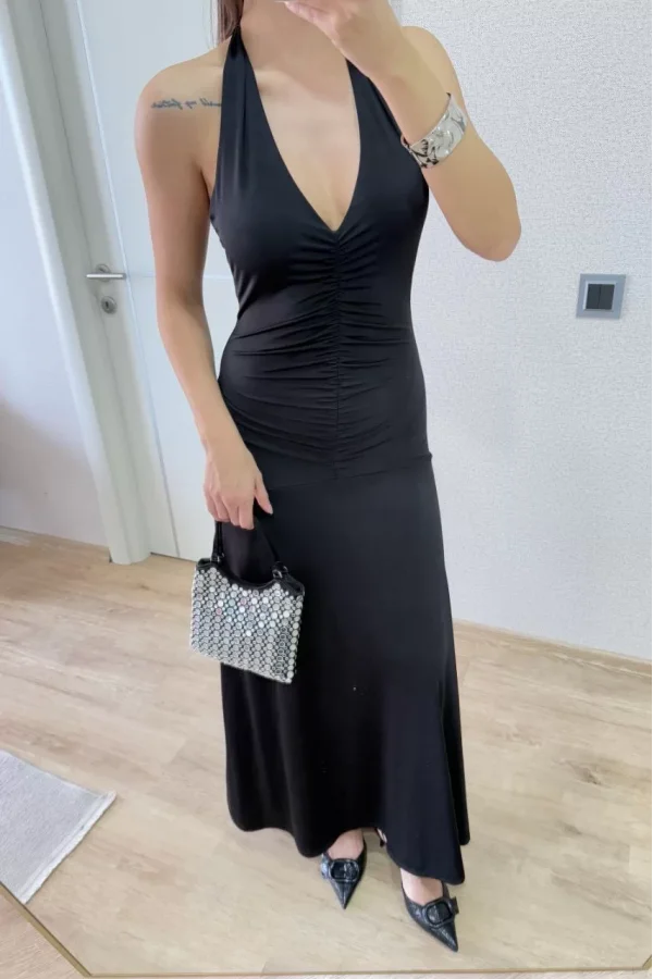 Sırt dekolteli Uzun Elbise - Siyah