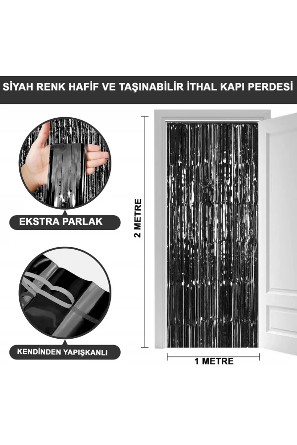 Ekstra Metalize Parlak Saçaklı Arka Fon Perde Siyah