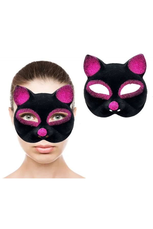 Siyah Fuşya Simli Süet Kedi Maskesi