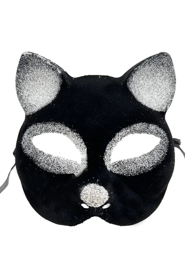 Siyah Gümüş Simli Kedi Maskesi