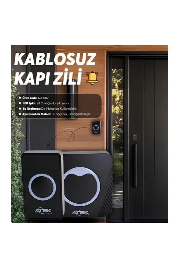 Siyah Kablosuz Su Geçirmez Kapı Zili