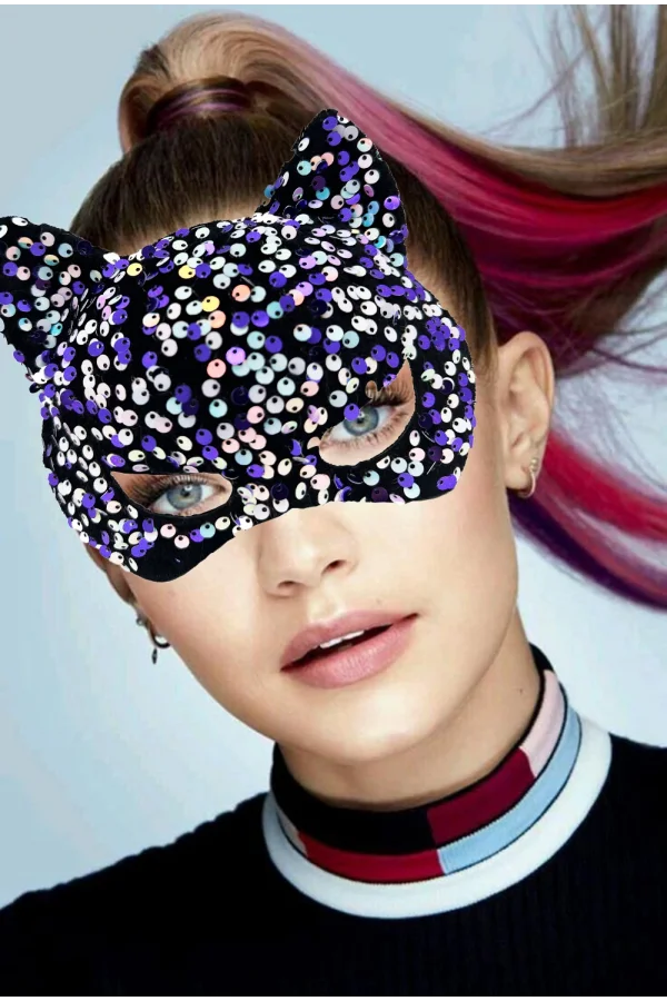 Siyah Kadife Mor Beyaz Pullu Parti Maskesi