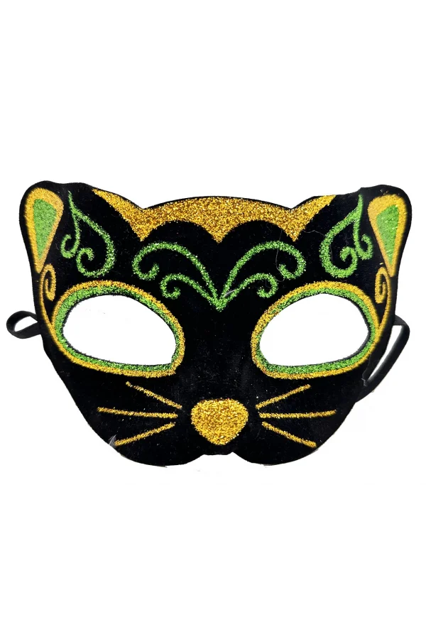 Siyah Kadife Sarı Yeşil Simli Kedi Maskesi
