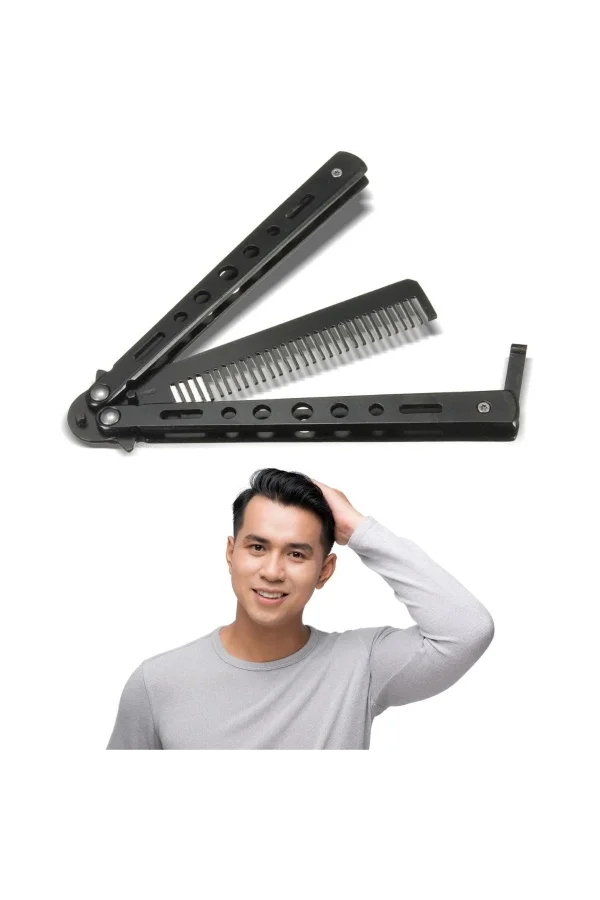 Siyah Katlanabilir Paslanmaz Çelik Kelebek Bıçak Tasarımlı Tarak