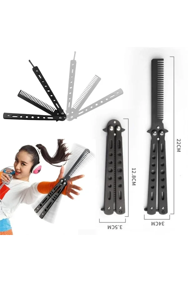 Siyah Katlanabilir Paslanmaz Çelik Kelebek Bıçak Tasarımlı Tarak