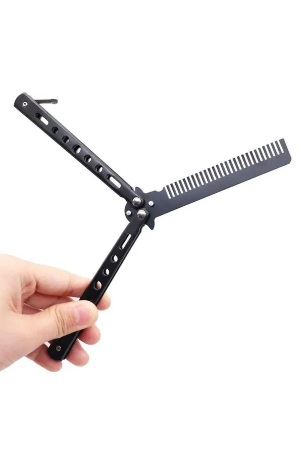 Siyah Katlanabilir Paslanmaz Çelik Kelebek Bıçak Tasarımlı Tarak