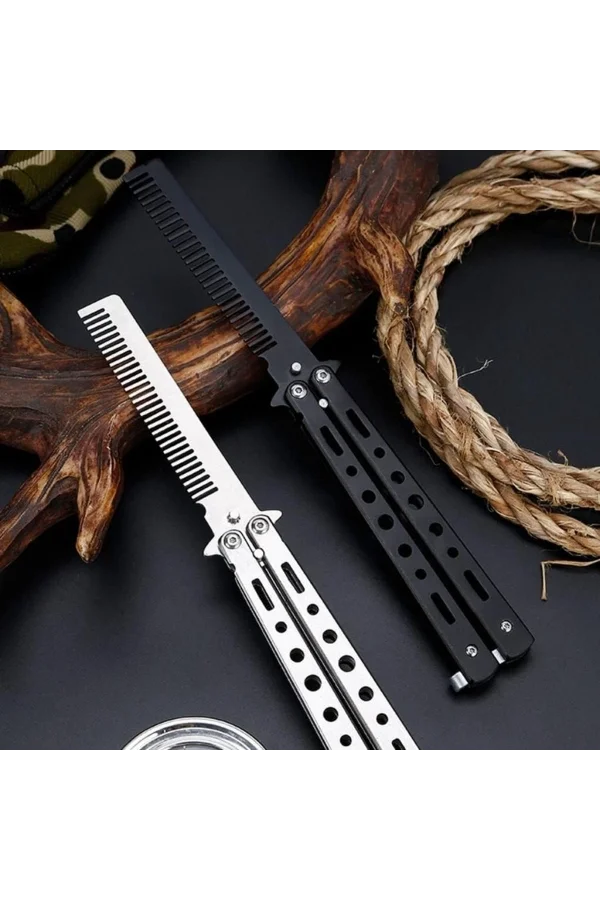 Siyah Katlanabilir Paslanmaz Çelik Kelebek Bıçak Tasarımlı Tarak