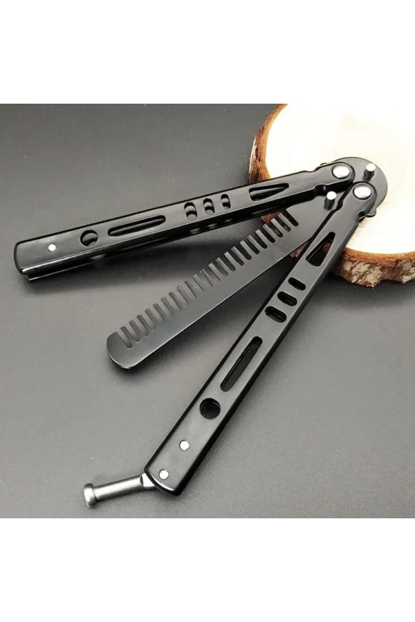 Siyah Katlanabilir Paslanmaz Çelik Kelebek Bıçak Tasarımlı Tarak