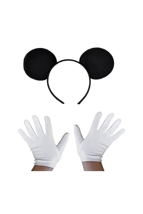 Siyah Mickey Mouse Tacı ve Beyaz Eldiven Seti