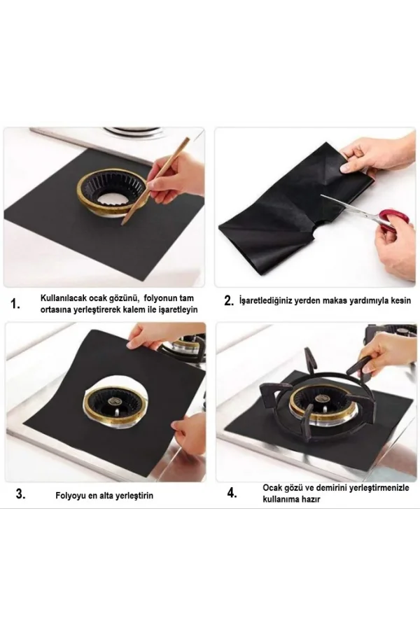 Siyah Renk Ocak Koruyucu Folyo Yanmaz Yapışmaz 4lü Set
